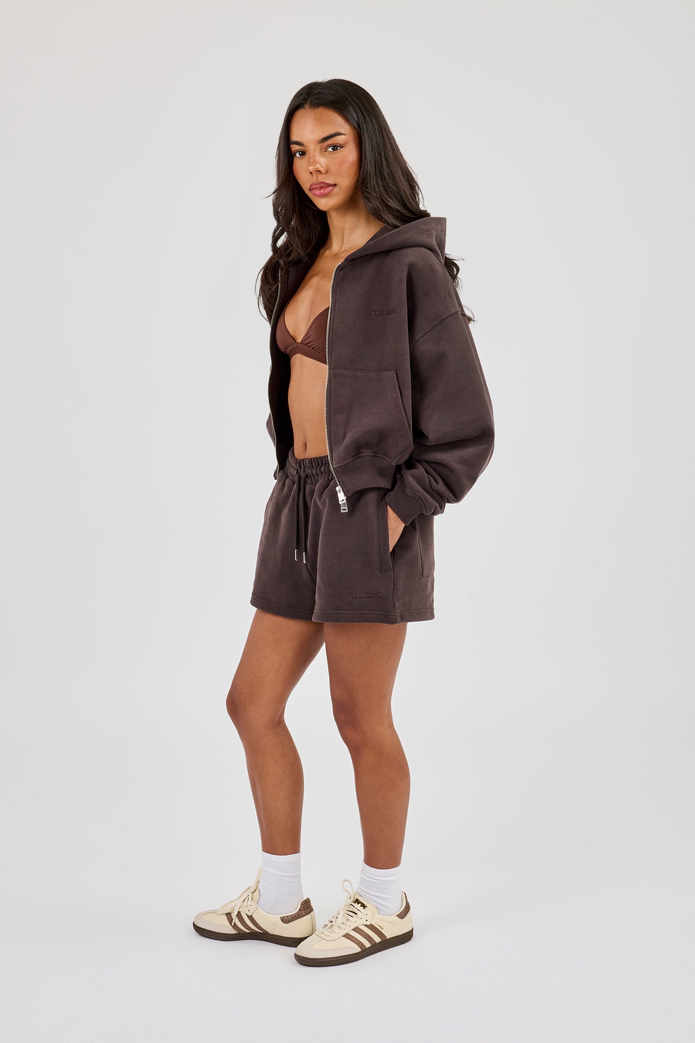 Cernucci Zip Through Cropped Hoodie & Embroidered Short - Coffee